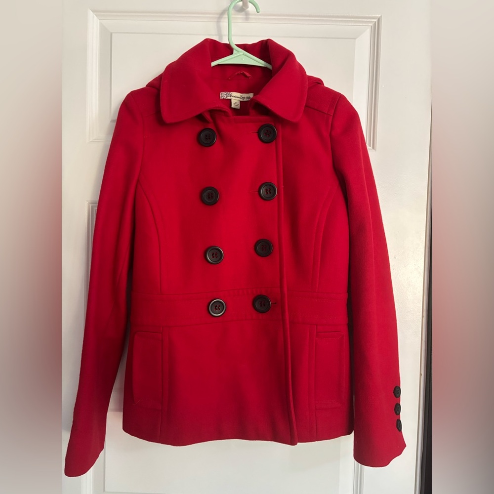 American Rag red wool pea coat with hood, Size M